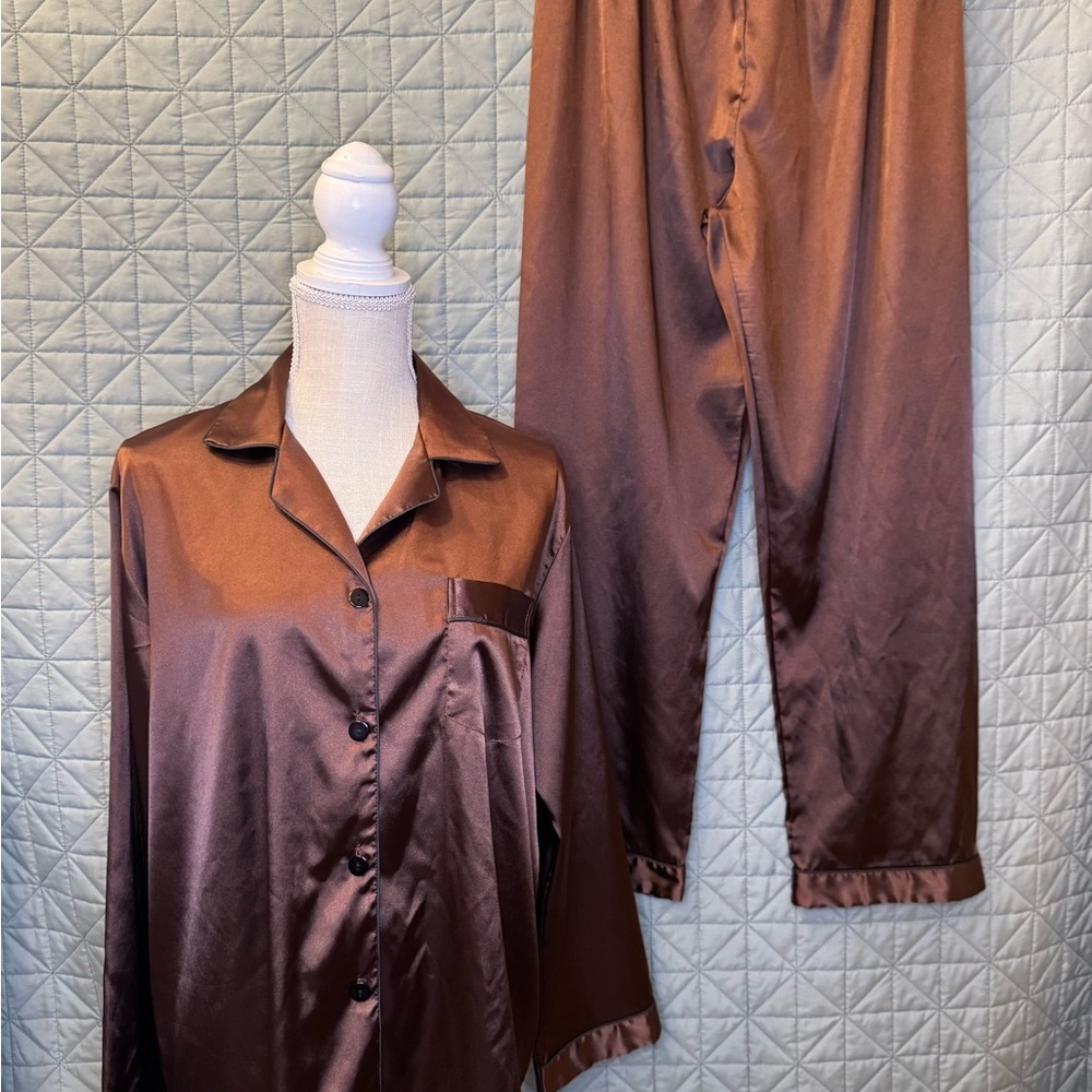 Elegant Brown with Black pipping Satin Silk Pajama Set